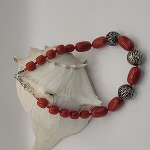 Artisan Vintage Necklace Beaded Cognac Red & Silver Metal Beads Estate Jewelry